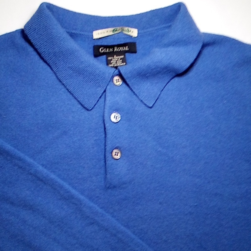 Glen Royal, Size Large, Blue, 100% Cashmere, Long Sleeve Polo Shirt